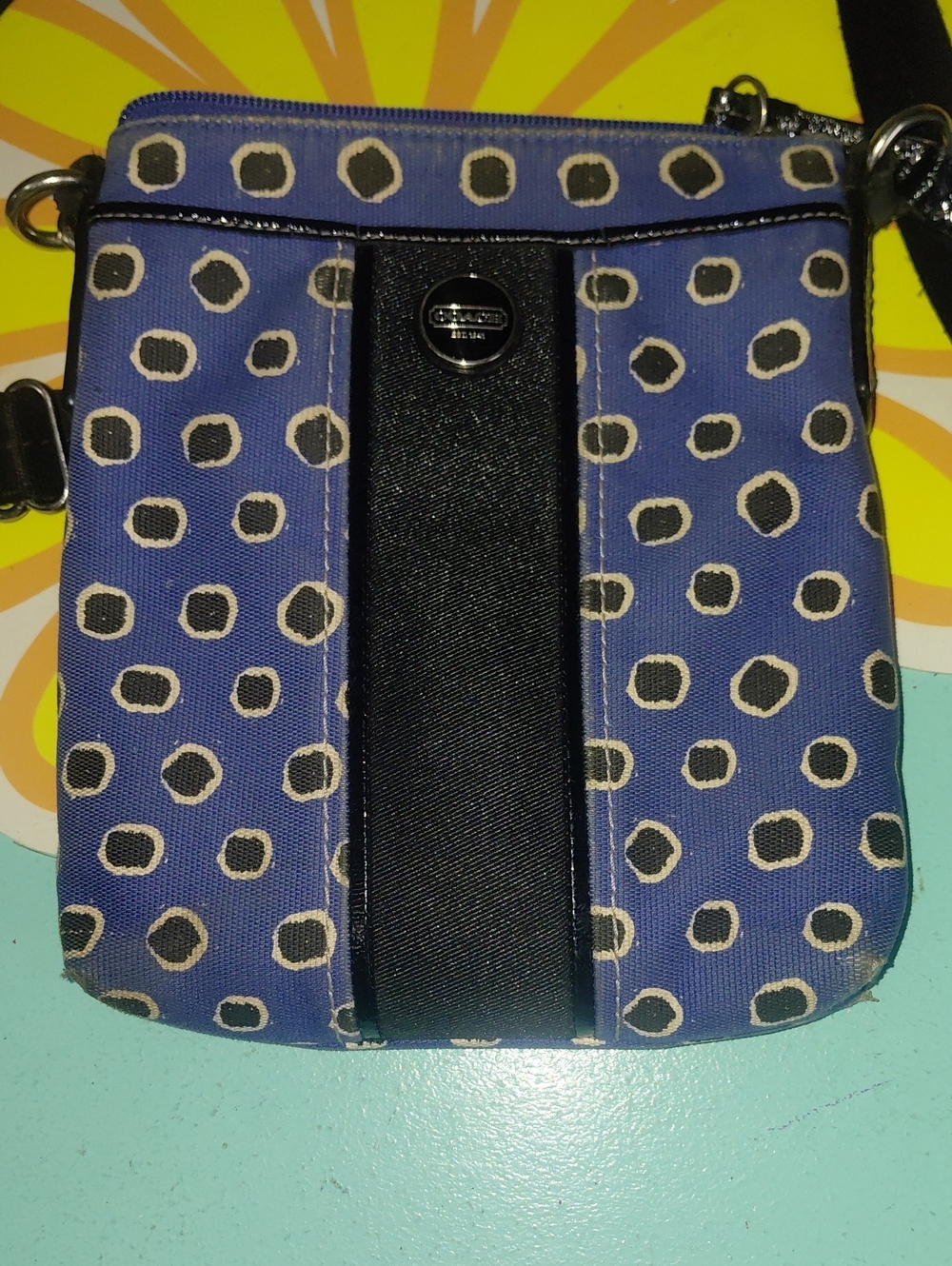Coach Blue Polka Dot Crossbody with Black Center Stripe